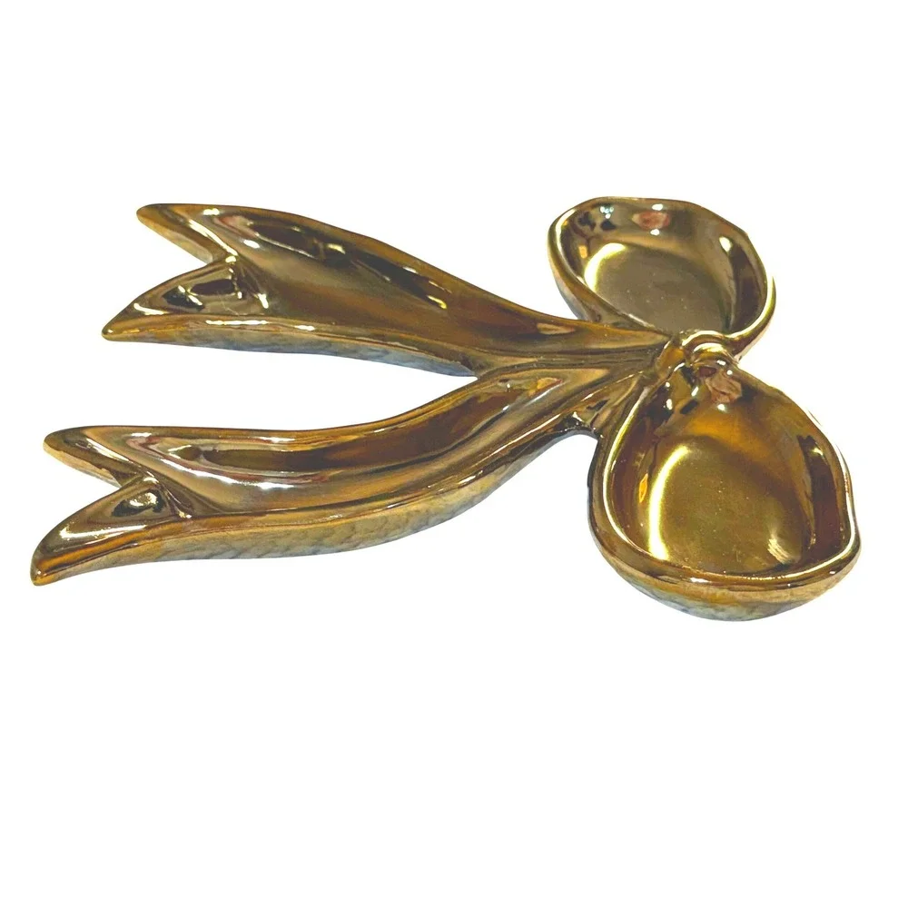 Gold Ceramic Bow Trinket Dish Jewelry Tray Metallic Ribbon Decorative Coquette